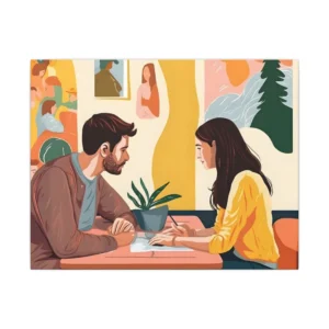 Couple Talking at Café Table Canvas Print