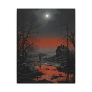 Desolate Dusk: Lone House on the Red Horizon Canvas Print