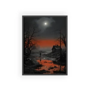 Desolate Dusk: Lone House on the Red Horizon Framed Poster