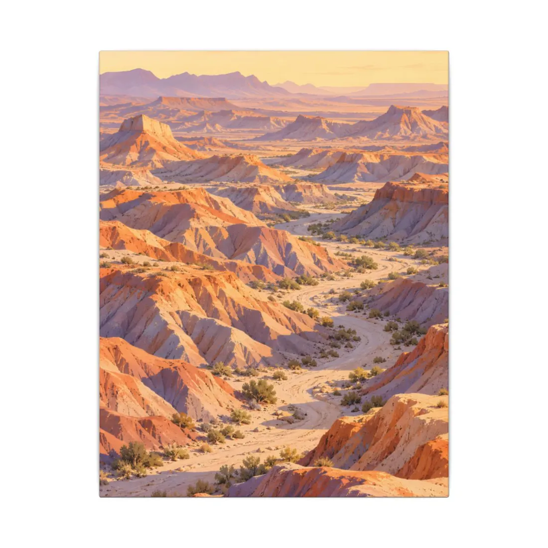 Winding dirt path through orange and lavender badlands canyons at golden sunset – Canvas Print, view 1