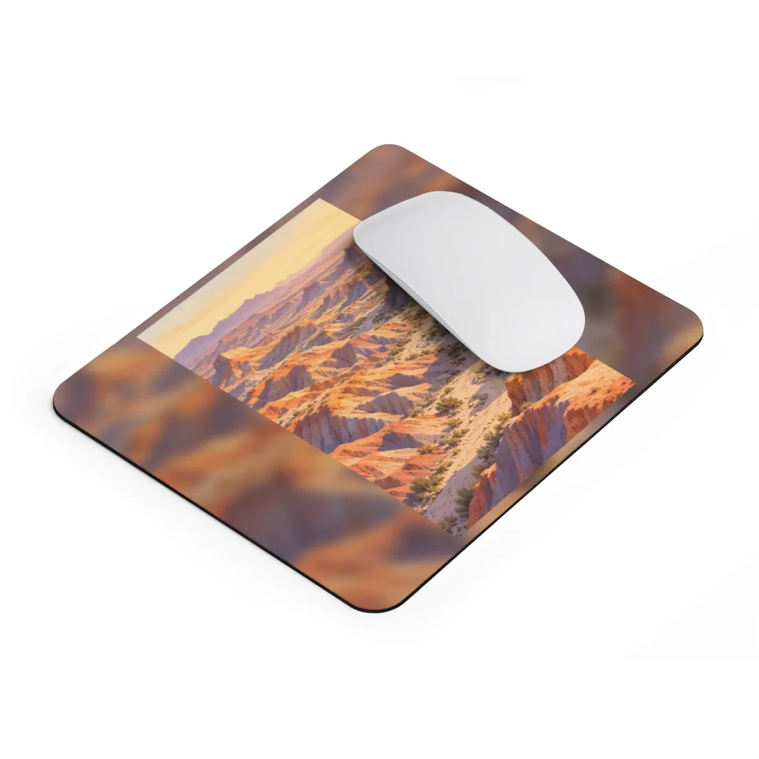Winding dirt path through orange and lavender badlands canyons at golden sunset – Mouse Pad, view 2