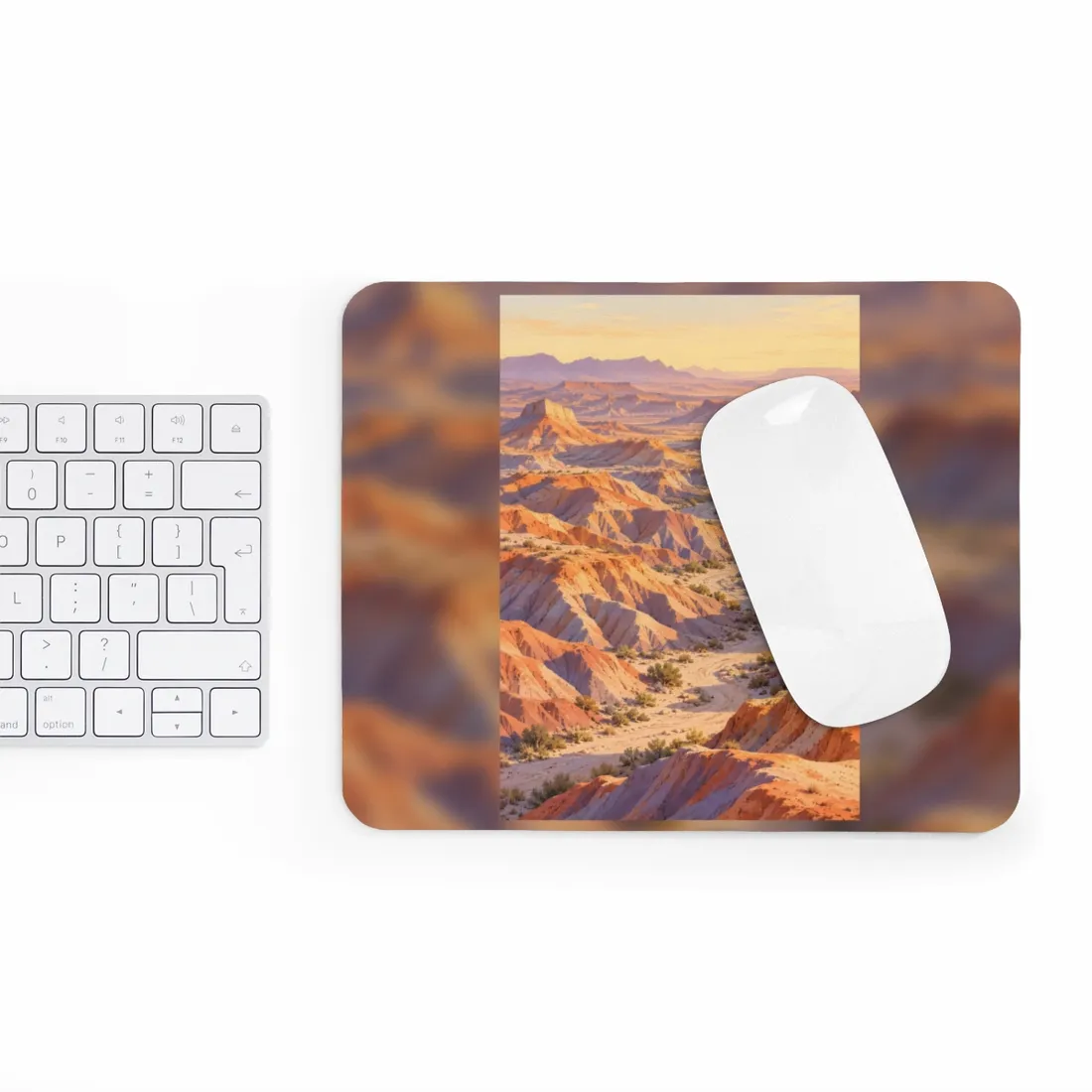 Winding dirt path through orange and lavender badlands canyons at golden sunset – Mouse Pad, view 3