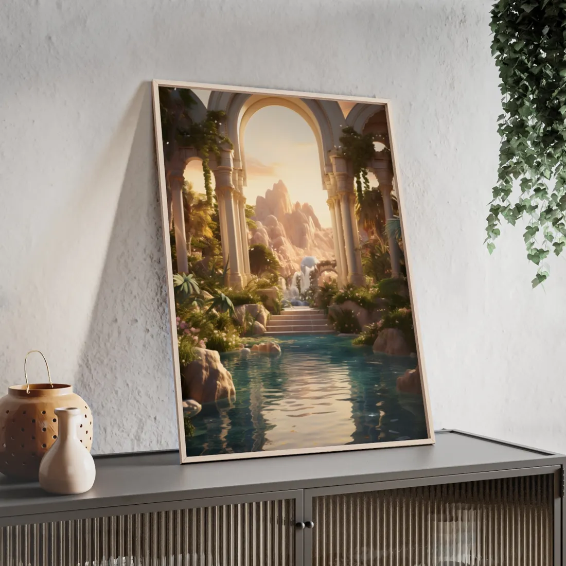 Desert Oasis: Arabian Nights-Inspired Artwork at Golden Hour - Framed Poster