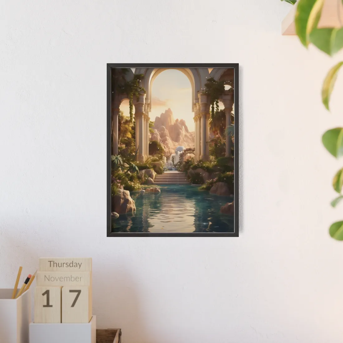 Desert Oasis: Arabian Nights-Inspired Artwork at Golden Hour - Framed Poster