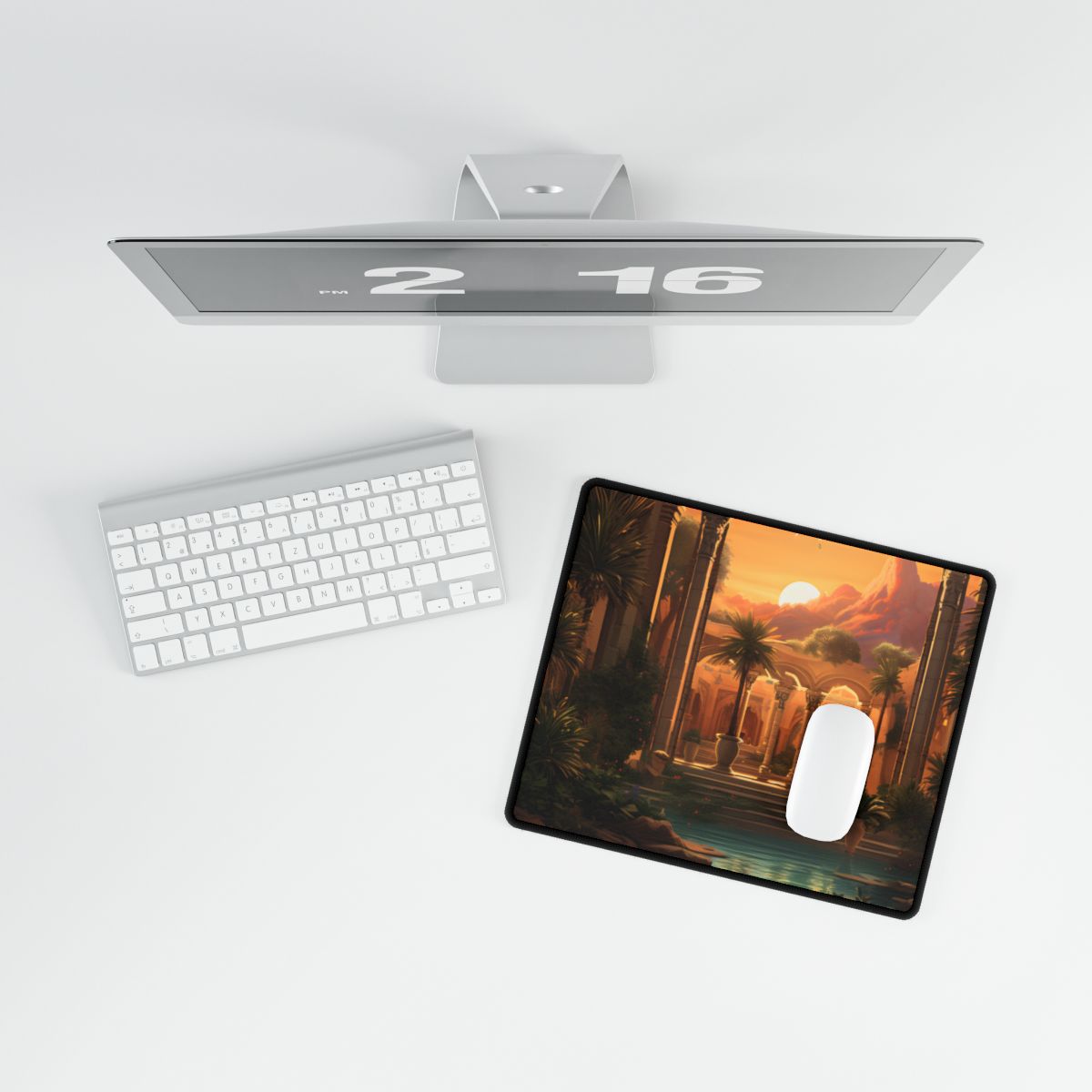 Sunset over an arched palace courtyard with palm trees and a reflecting pool – Desk Mat, room mockup, view 3