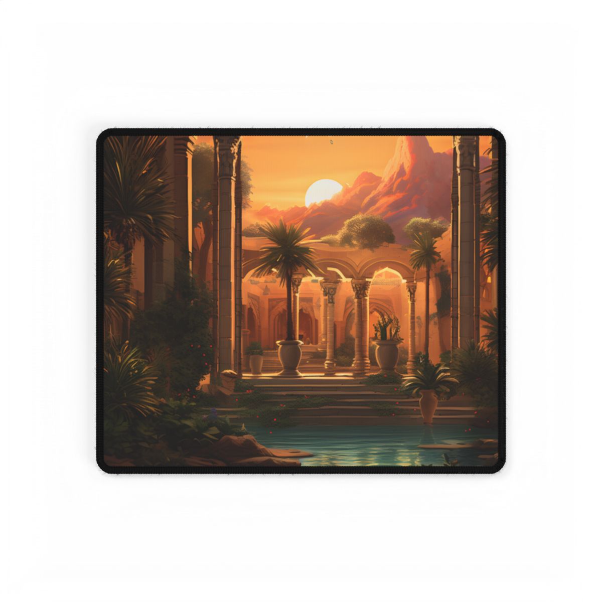 Sunset over an arched palace courtyard with palm trees and a reflecting pool – Desk Mat, front view