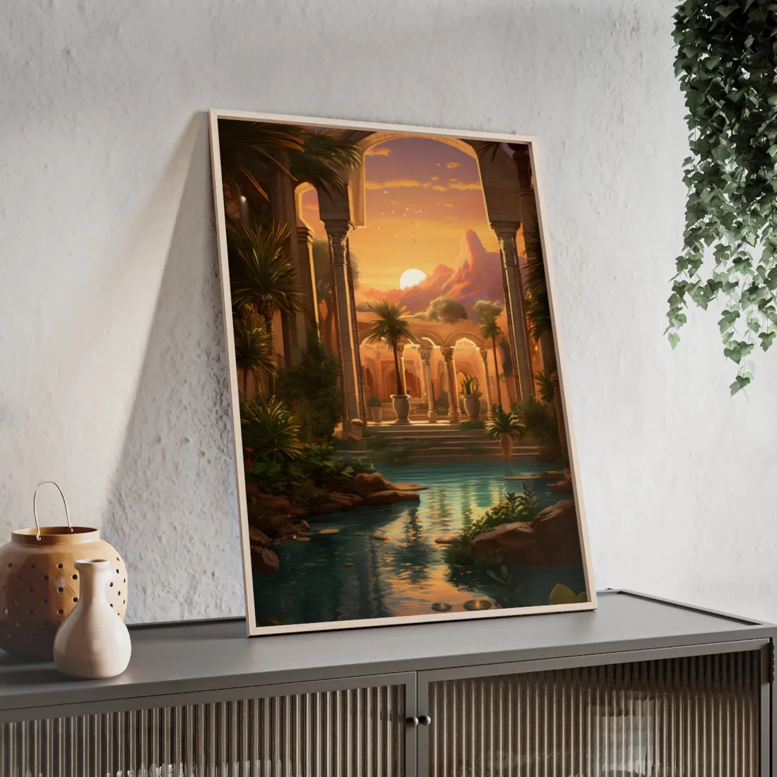 Desert Oasis at Sunset: Magical Desert - Framed Poster