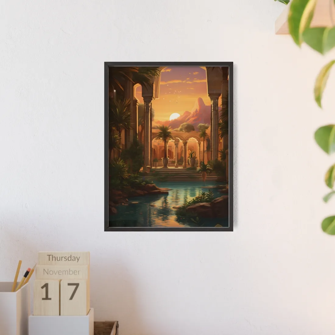 Desert Oasis at Sunset: Magical Desert - Framed Poster