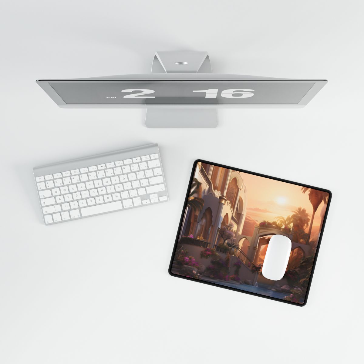Ornate palace with domed arches, palm trees and a reflecting pool at sunset – Desk Mat, room mockup, view 3