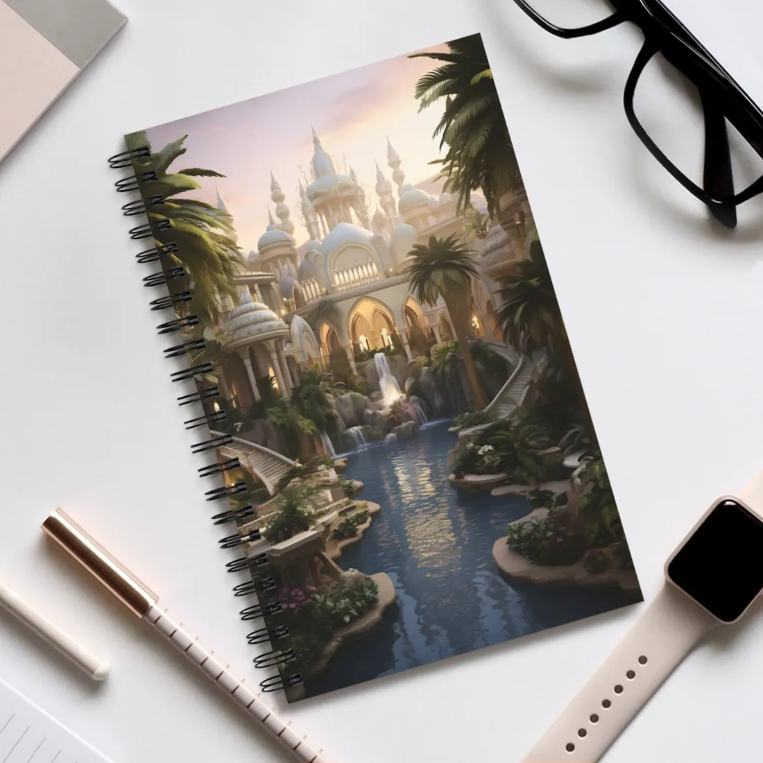 Desert Oasis Serenity: Arabian Nights-Inspired Landscape Art - Spiral Notebook