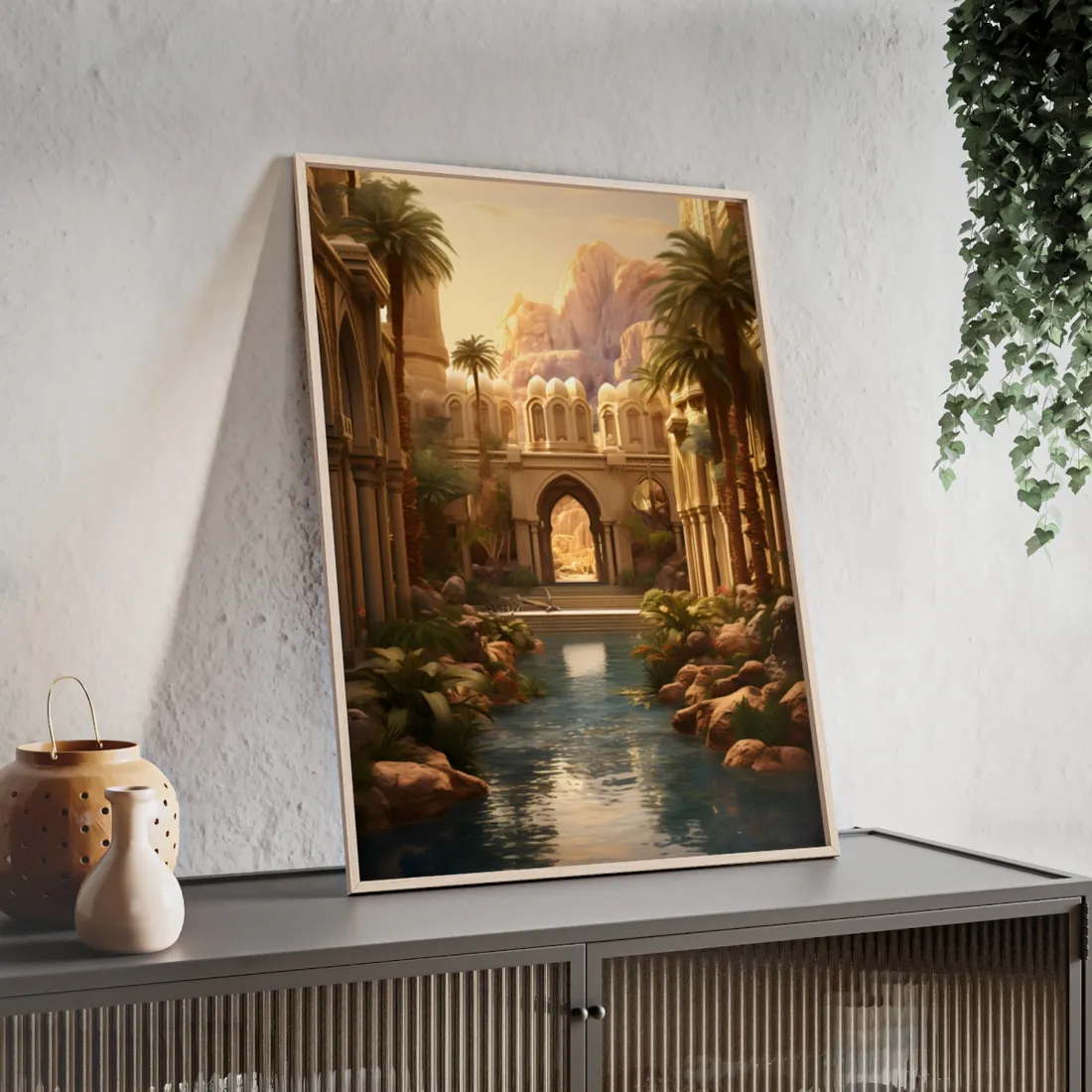 Desert Oasis Under Starry Night: Arabian Nights-Inspired Art - Framed Poster