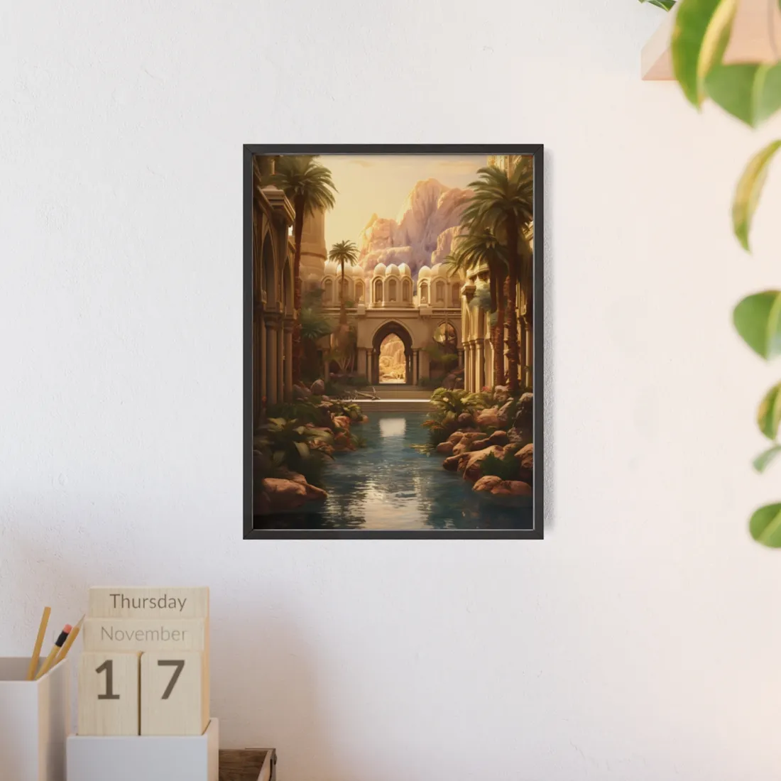 Desert Oasis Under Starry Night: Arabian Nights-Inspired Art - Framed Poster