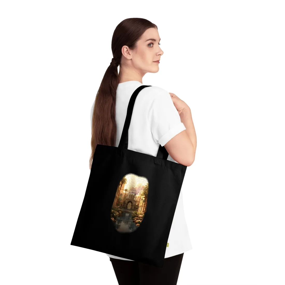 Desert Oasis Under Starry Night: Arabian Nights-Inspired Art - Tote Bag (Black)