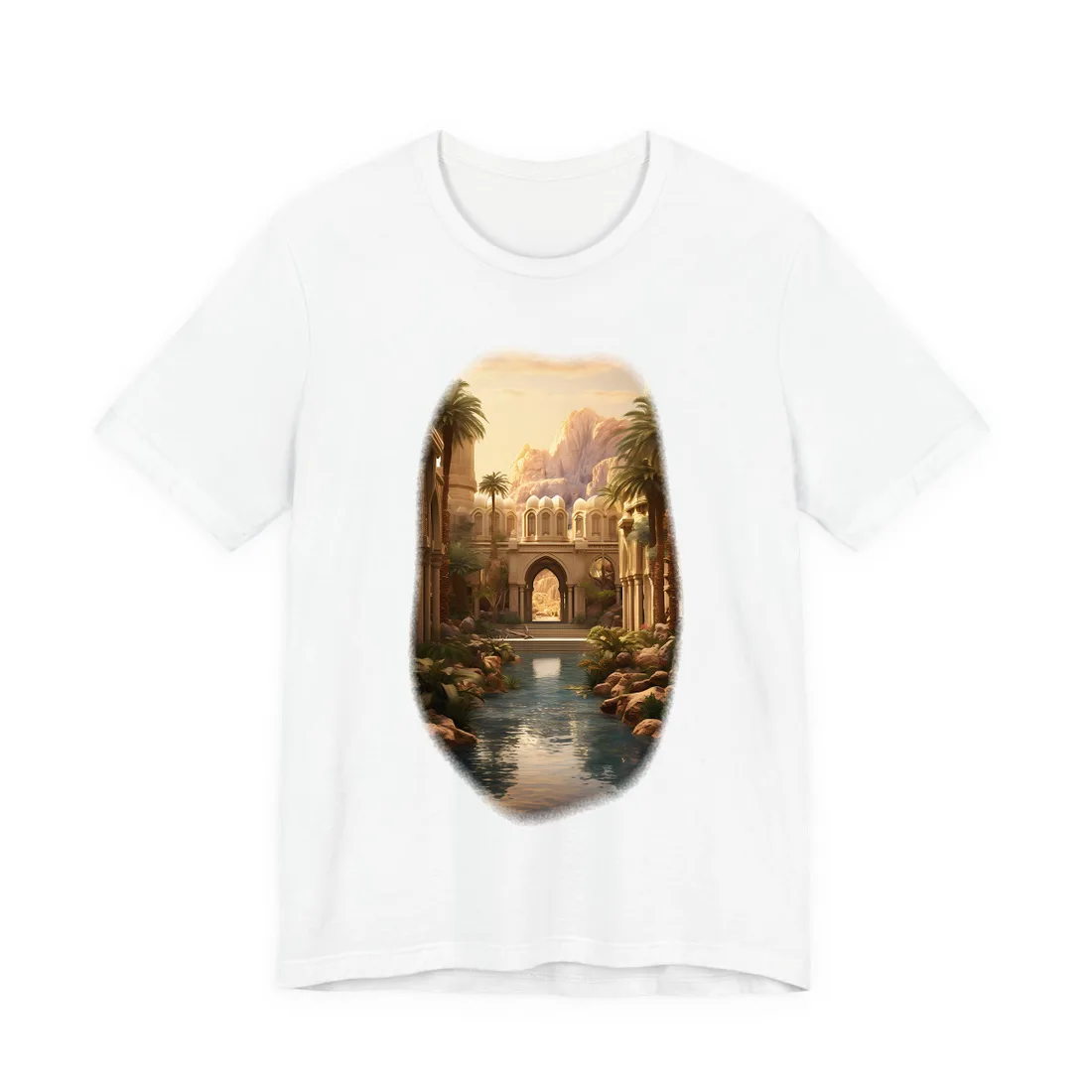 Desert Oasis Under Starry Night: Arabian Nights-Inspired Art - T-Shirt (White)