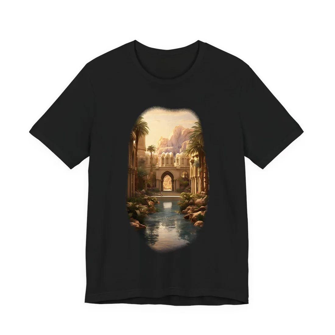 Desert Oasis Under Starry Night: Arabian Nights-Inspired Art - T-Shirt (Black)