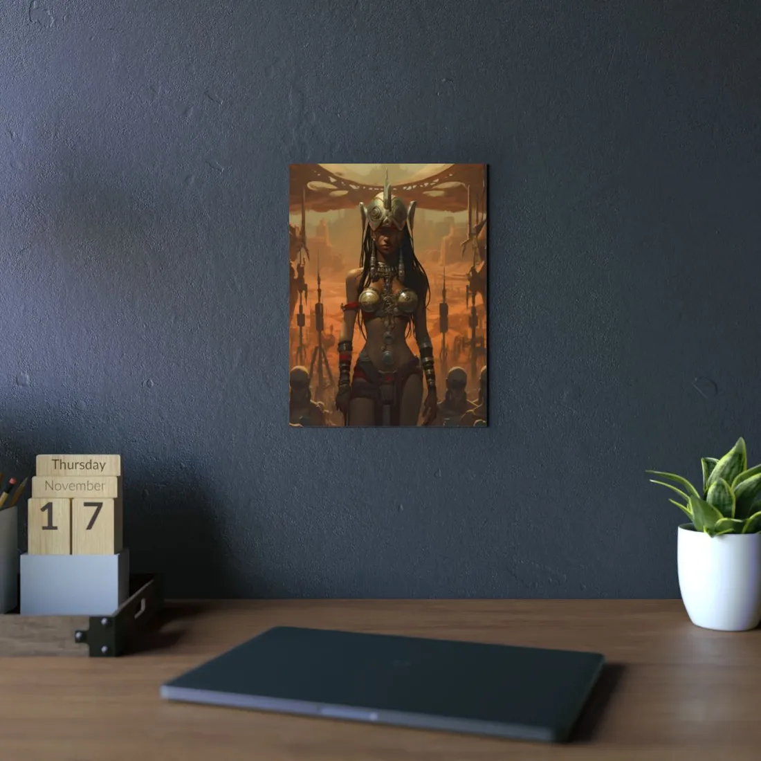 Desert Priestess: Ornate Warrior Portrait in Ruins - Metal Poster