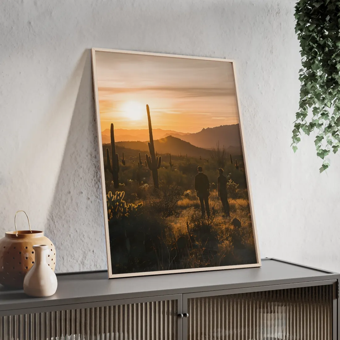 Desert Sunset Serenity: Two Friends Standing Together - Framed Poster