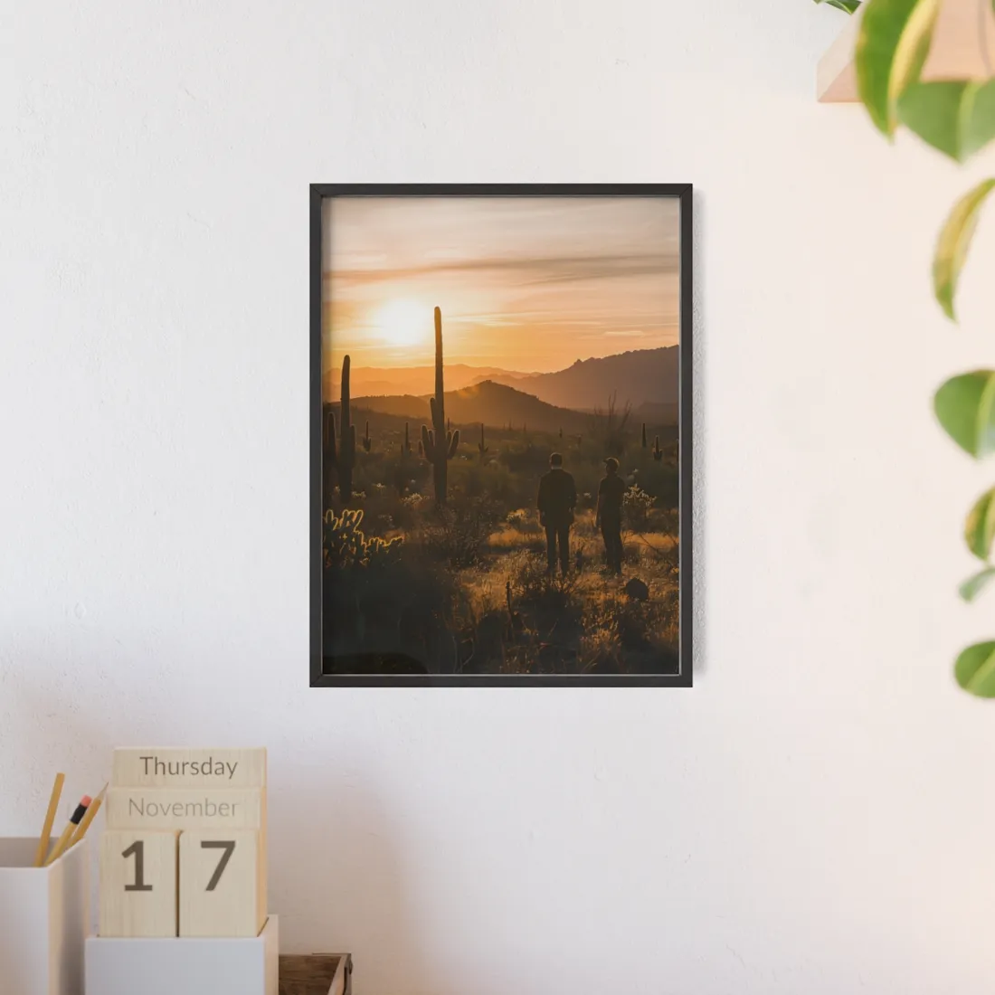 Desert Sunset Serenity: Two Friends Standing Together - Framed Poster
