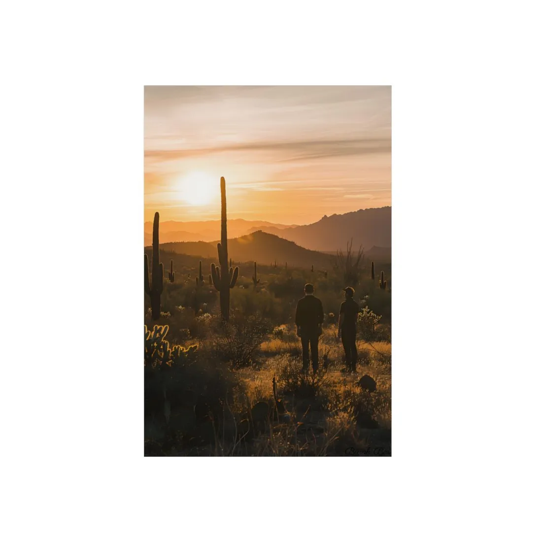 Desert Sunset Serenity: Two Friends Standing Together - Metal Poster