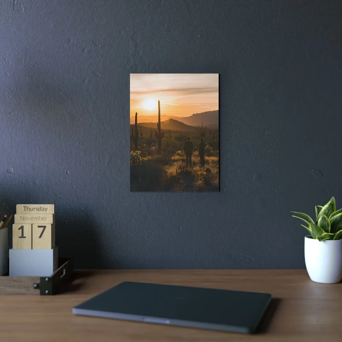 Desert Sunset Serenity: Two Friends Standing Together - Metal Poster