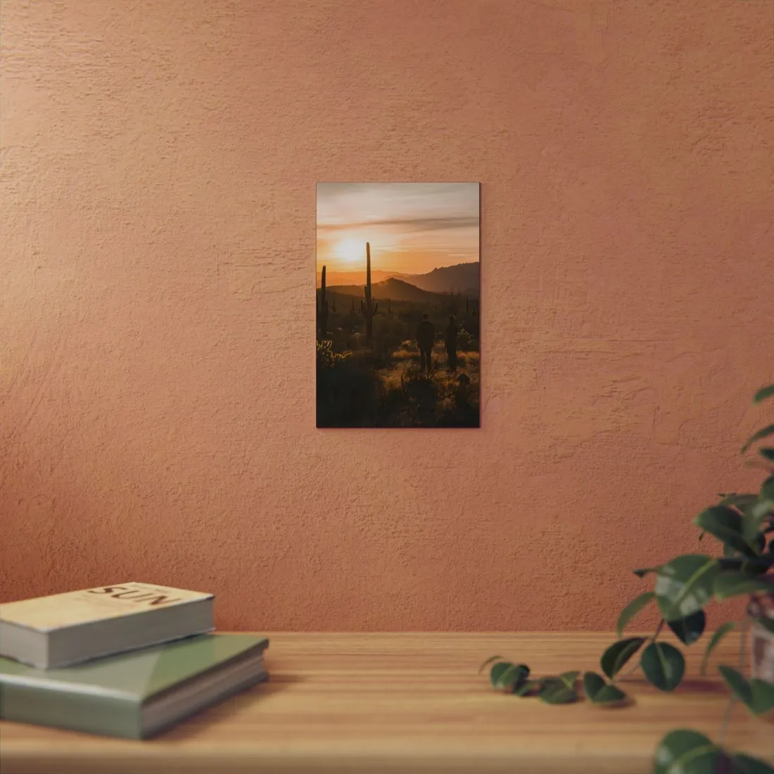 Desert Sunset Serenity: Two Friends Standing Together - Metal Poster