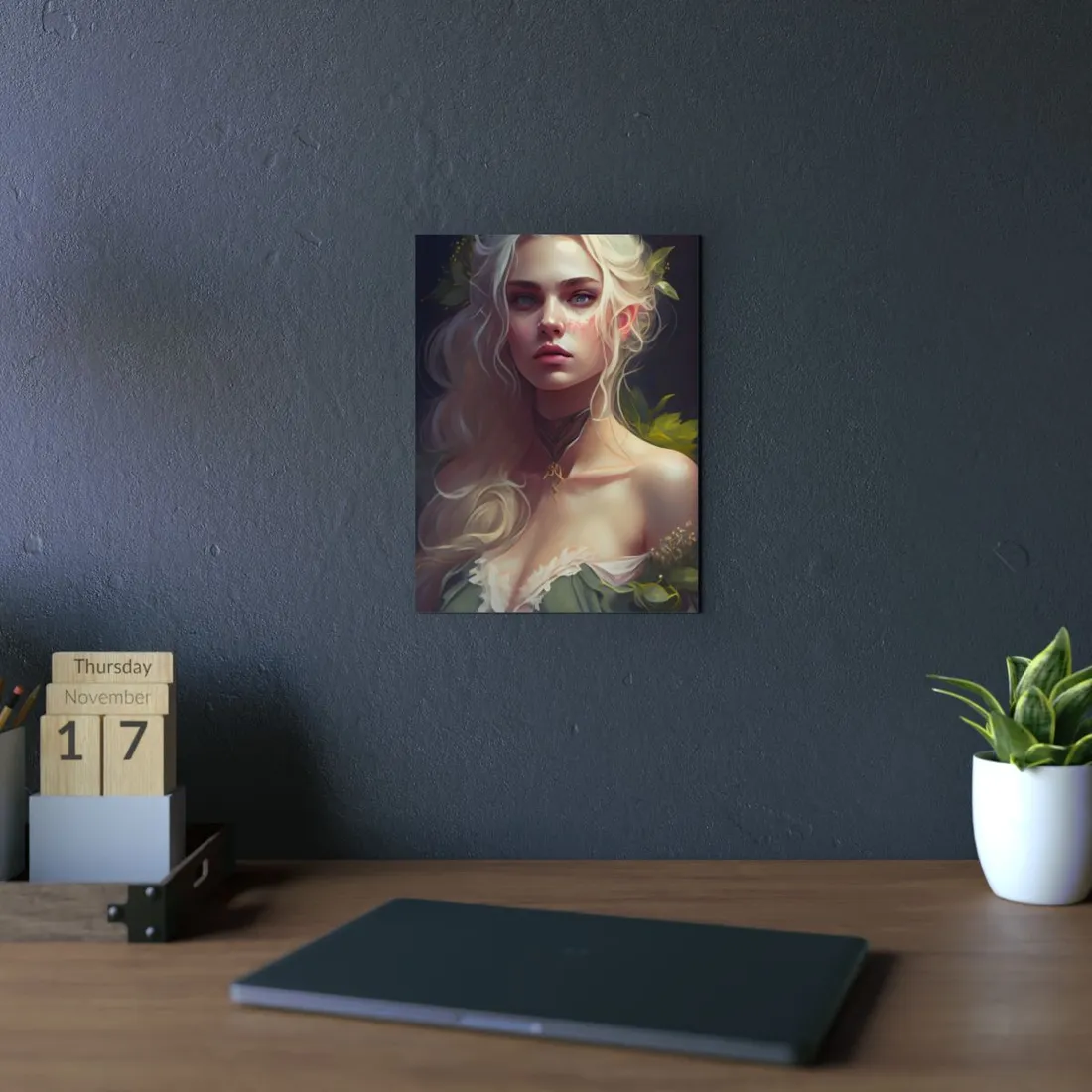 Detailed Blonde Female Portrait: Red Top - Metal Poster