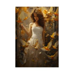 Woman Releasing Yellow Birds Poster