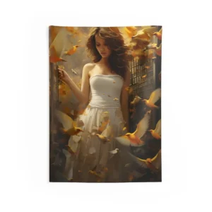 Woman Releasing Yellow Birds Wall Tapestry