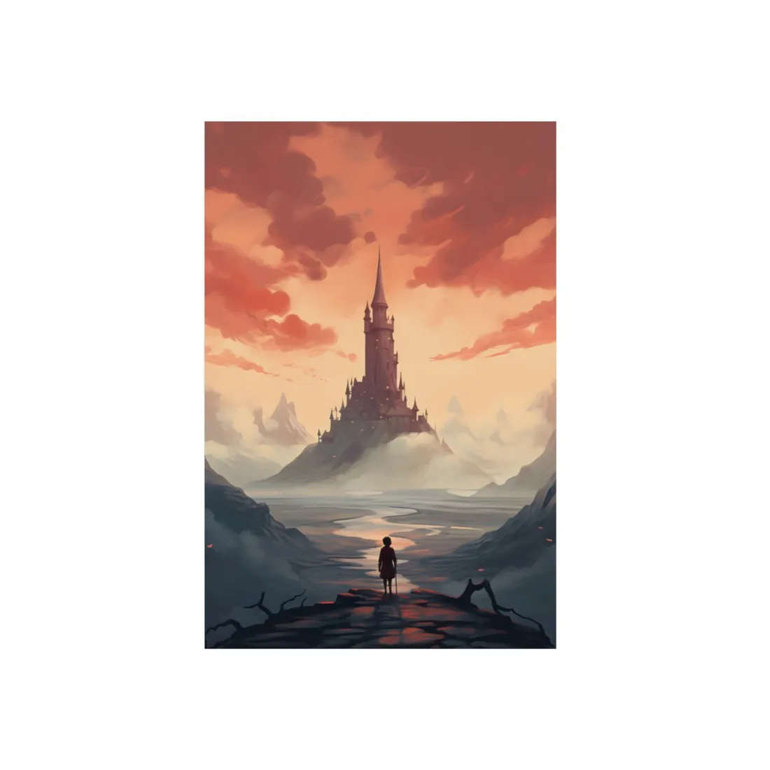Distant Tower Under a Pink Sky: Fantasy Castle Landscape - Metal Poster