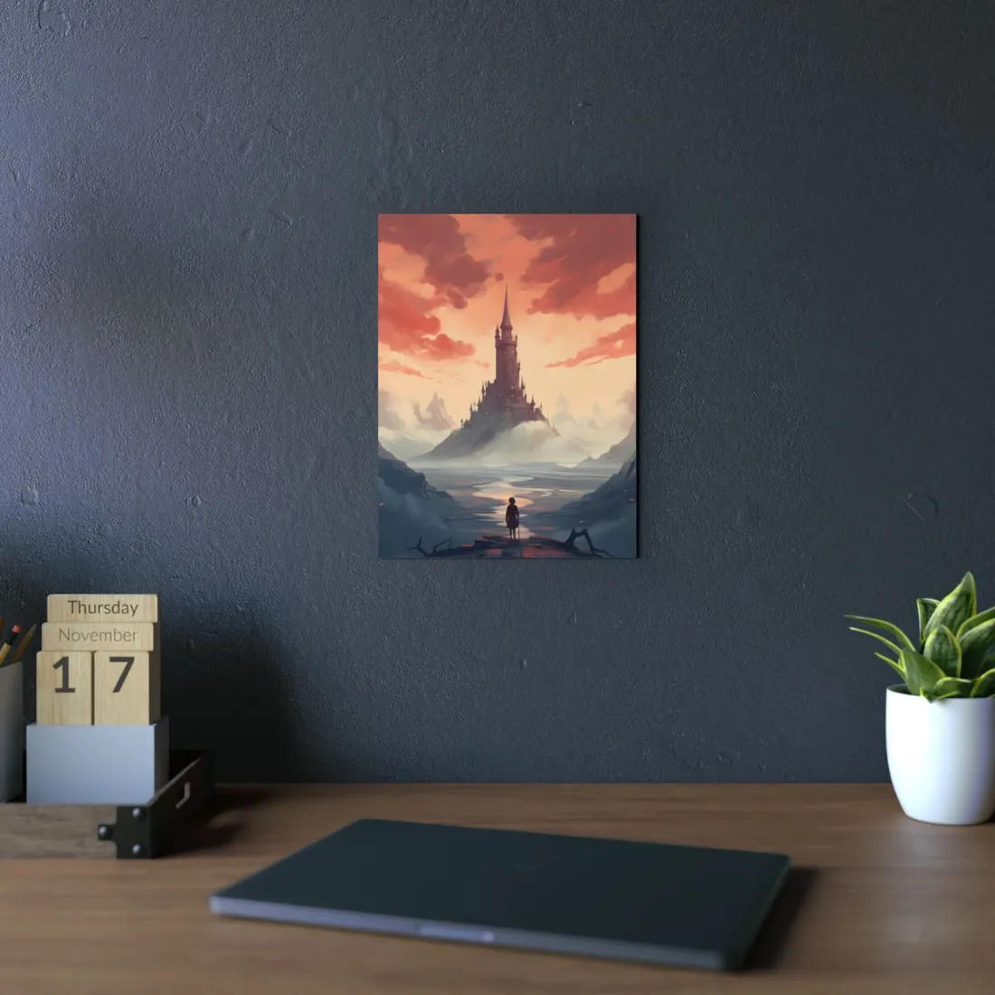 Distant Tower Under a Pink Sky: Fantasy Castle Landscape - Metal Poster