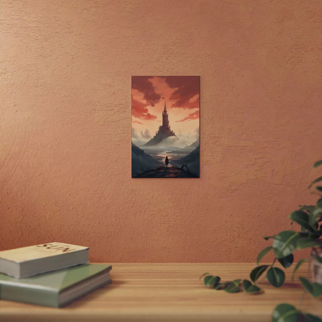 Distant Tower Under a Pink Sky: Fantasy Castle Landscape - Metal Poster