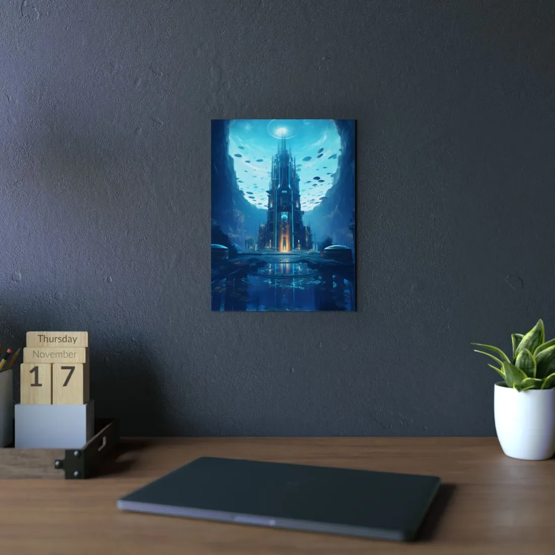 Dive into the Future: Submerged Metropol Underwater Cityscape - Metal Poster
