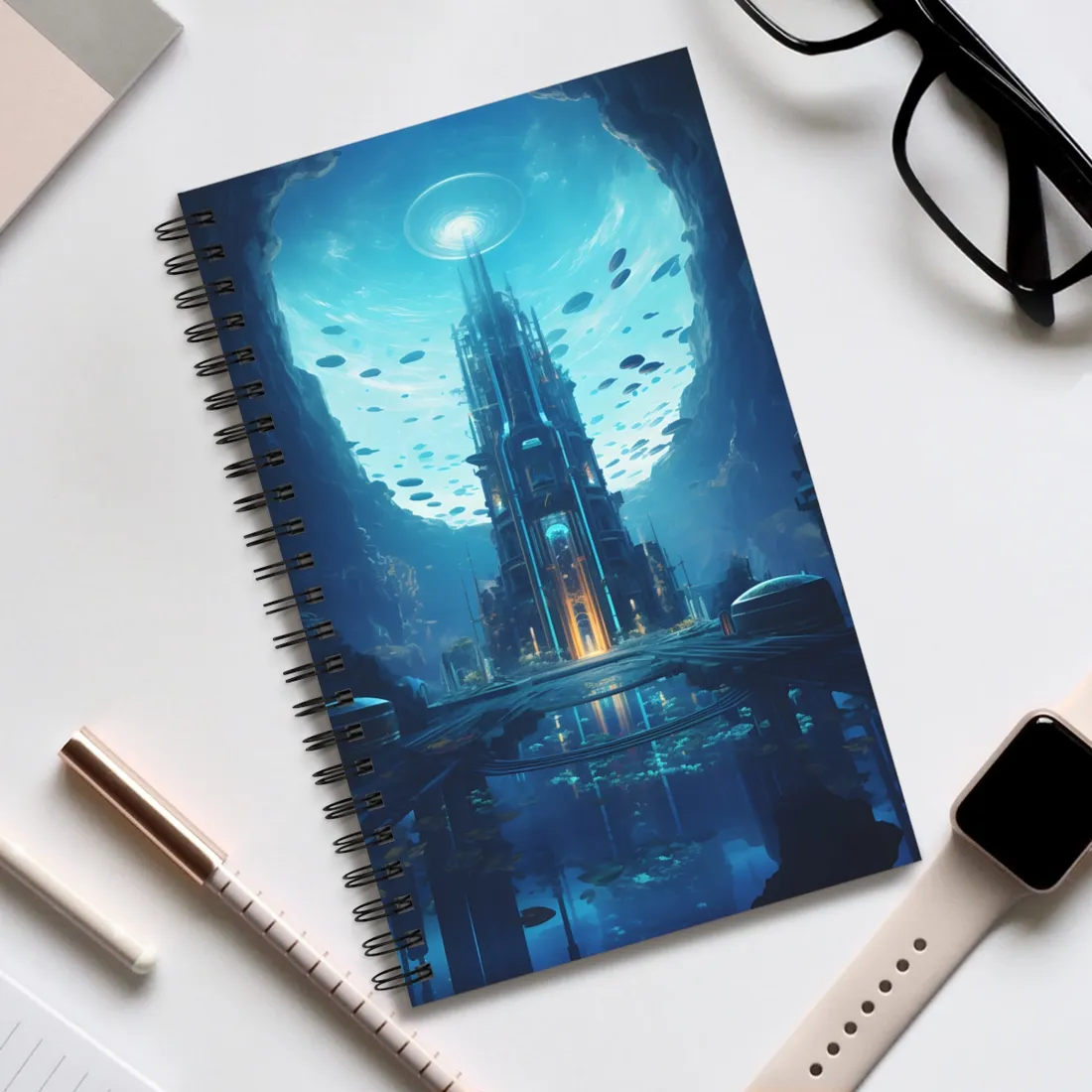 Dive into the Future: Submerged Metropol Underwater Cityscape - Spiral Notebook