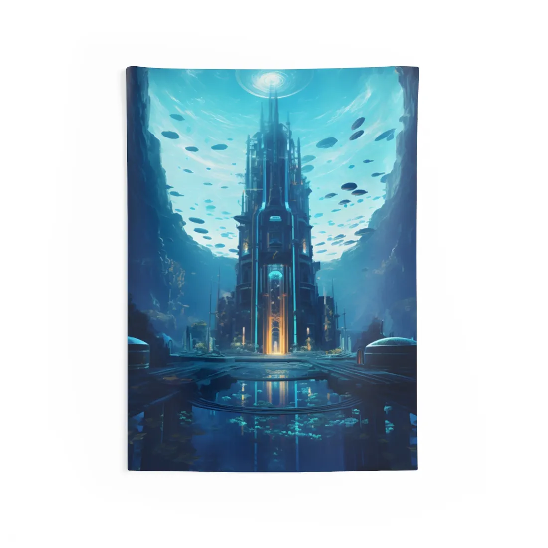Dive into the Future: Submerged Metropol Underwater Cityscape - Wall Tapestry