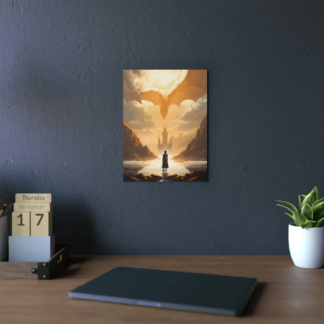 Dragon Silhouette Over the Golden Valley: Epic Fantasy Scene - Metal Poster