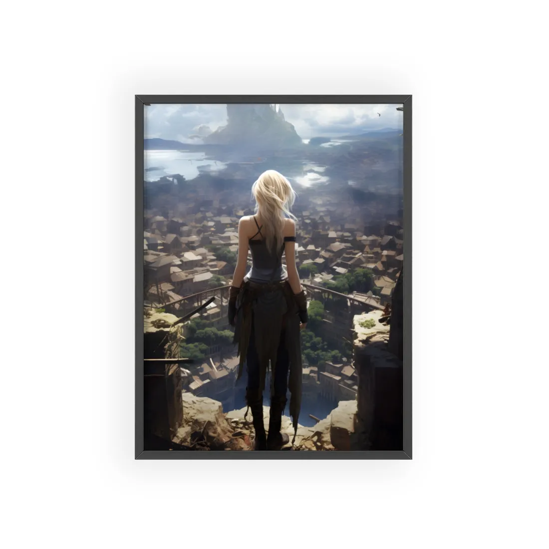 Dramatic Anime Art: Intense Female Emotion - Blue Gradient - Framed Poster