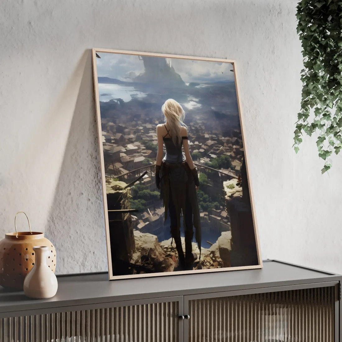 Dramatic Anime Art: Intense Female Emotion - Blue Gradient - Framed Poster
