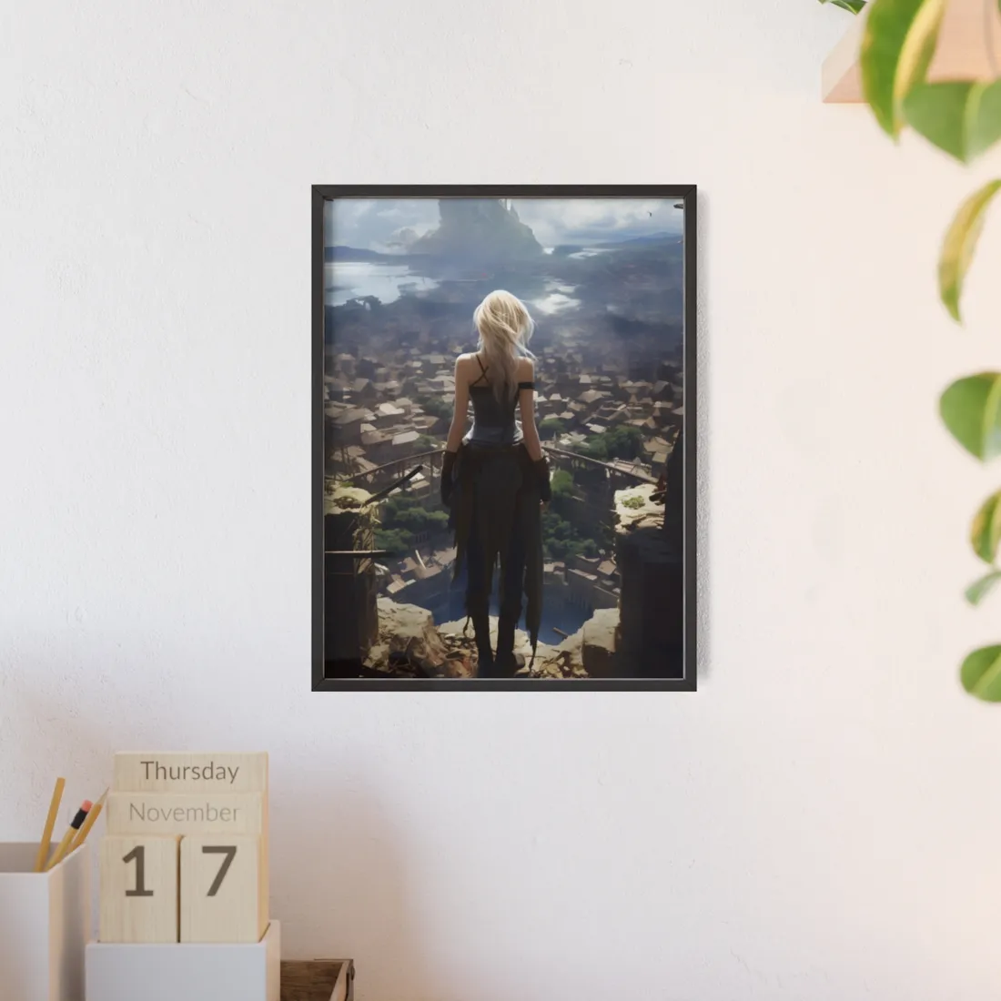 Dramatic Anime Art: Intense Female Emotion - Blue Gradient - Framed Poster