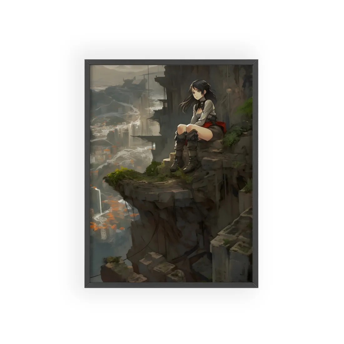 Dramatic Anime Bird's Eye View: Action-Packed Digital Art - Framed Poster