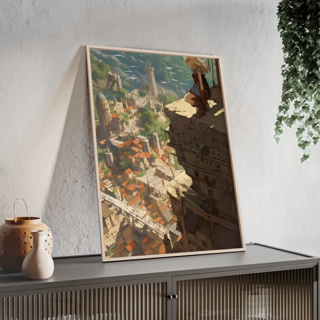 Dramatic Anime Bird's Eye View: Blonde Female in Action with Flying Birds - Framed Poster