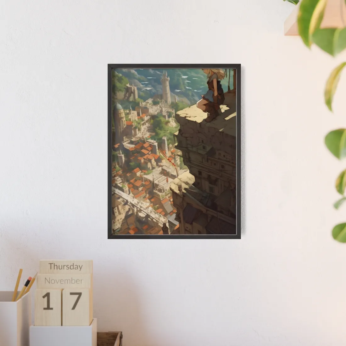 Dramatic Anime Bird's Eye View: Blonde Female in Action with Flying Birds - Framed Poster