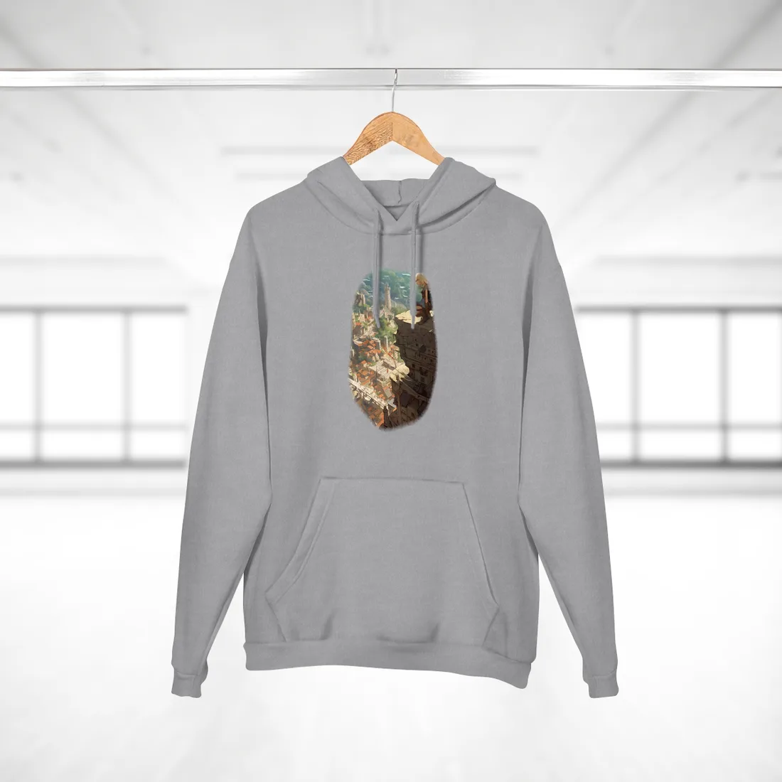 Blond girl sits on a cliff overlooking a sunlit hillside town – Hoodie, heather grey