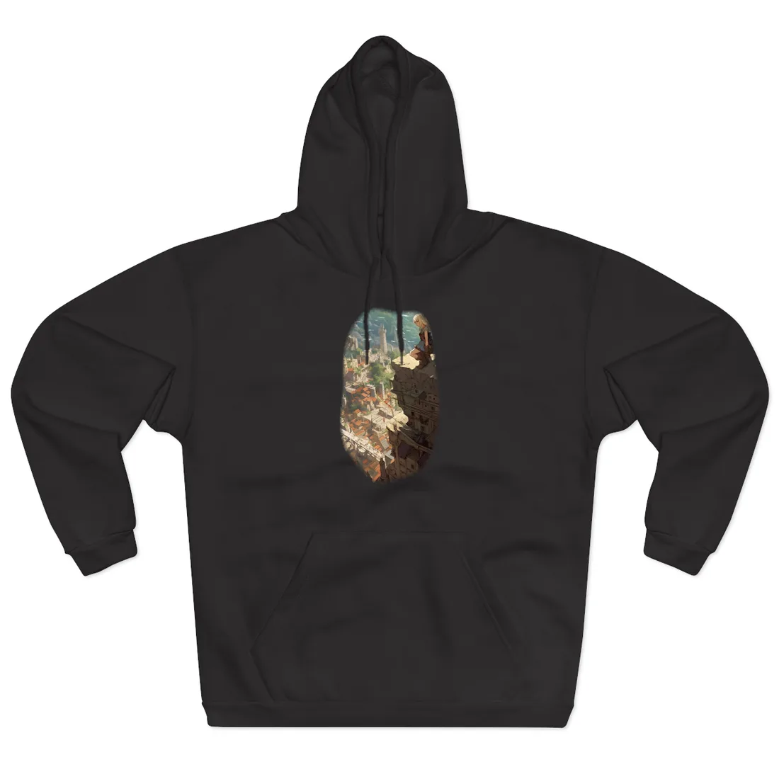 Blond girl sits on a cliff overlooking a sunlit hillside town – Hoodie, black