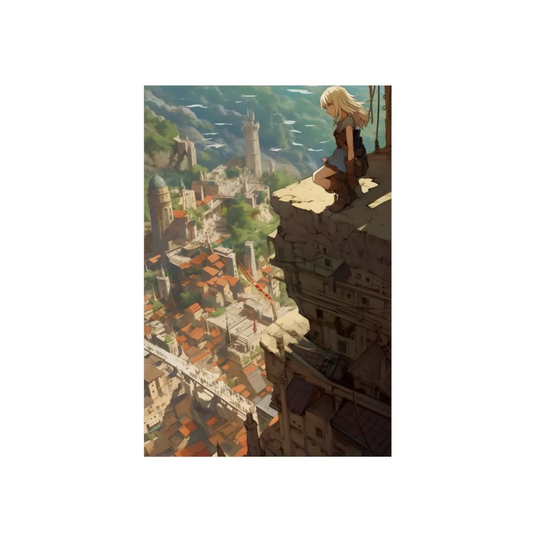 Dramatic Anime Bird's Eye View: Blonde Female in Action with Flying Birds - Metal Poster