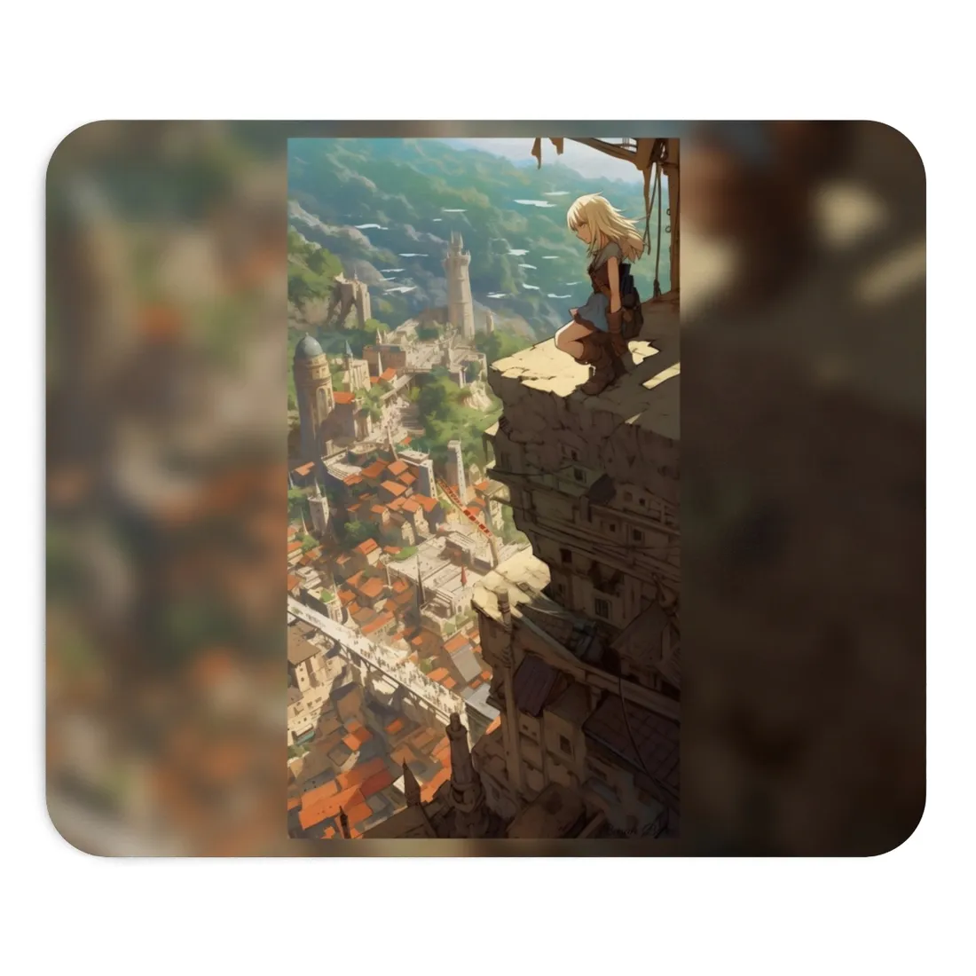 Dramatic Anime Bird's Eye View: Blonde Female in Action with Flying Birds - Mouse Pad