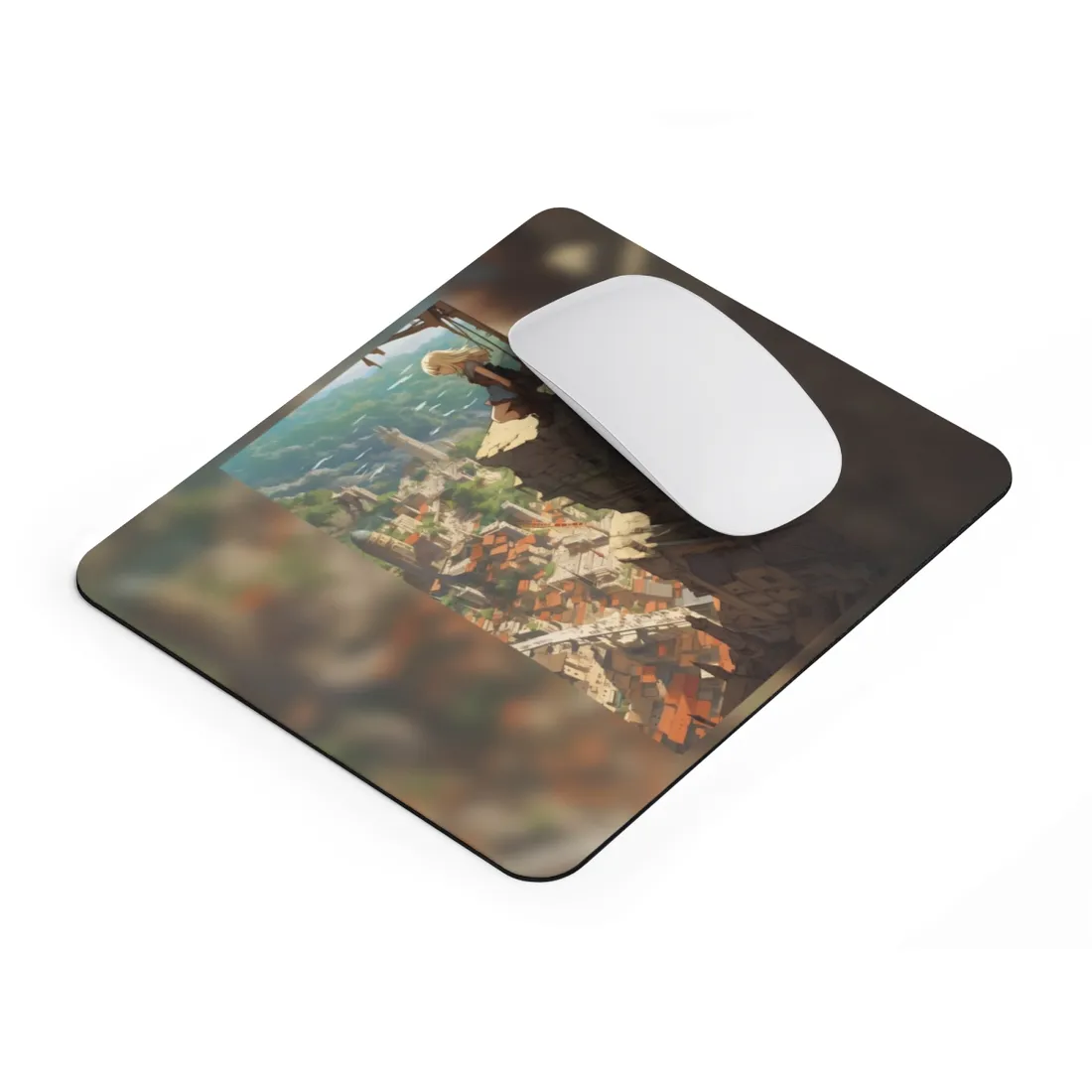 Dramatic Anime Bird's Eye View: Blonde Female in Action with Flying Birds - Mouse Pad