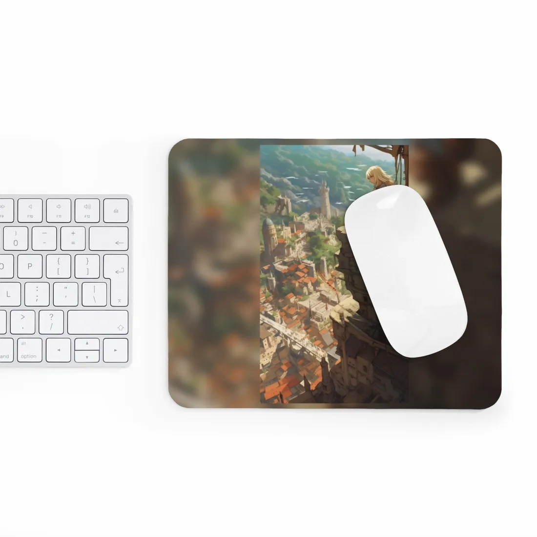 Dramatic Anime Bird's Eye View: Blonde Female in Action with Flying Birds - Mouse Pad