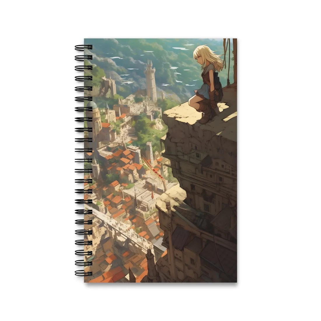 Dramatic Anime Bird's Eye View: Blonde Female in Action with Flying Birds - Spiral Notebook