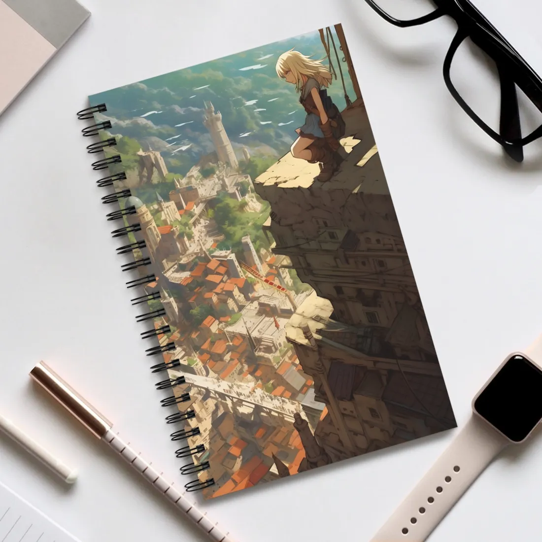 Dramatic Anime Bird's Eye View: Blonde Female in Action with Flying Birds - Spiral Notebook