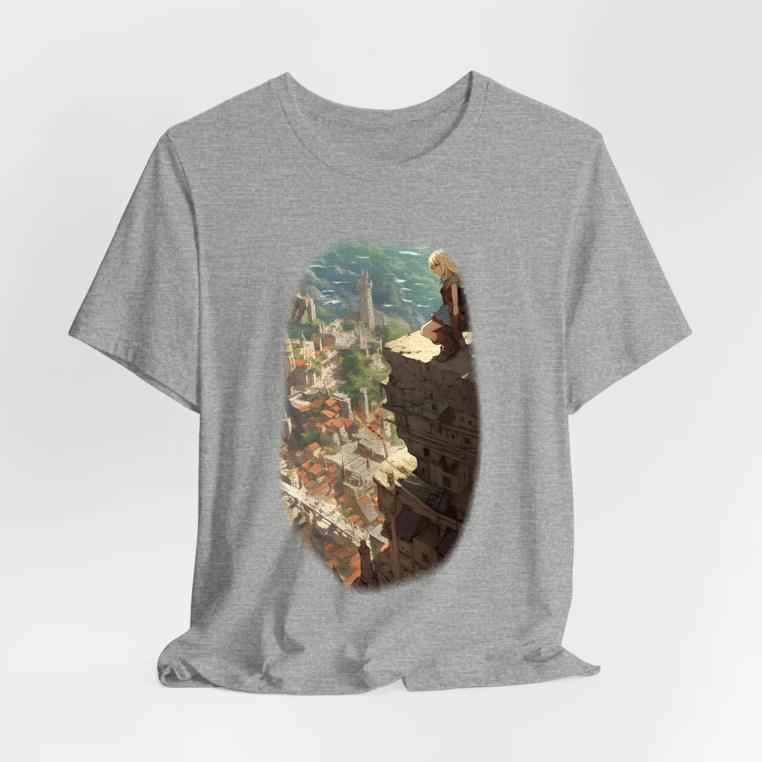 Blond girl sits on a cliff overlooking a sunlit hillside town – T-Shirt, athletic heather